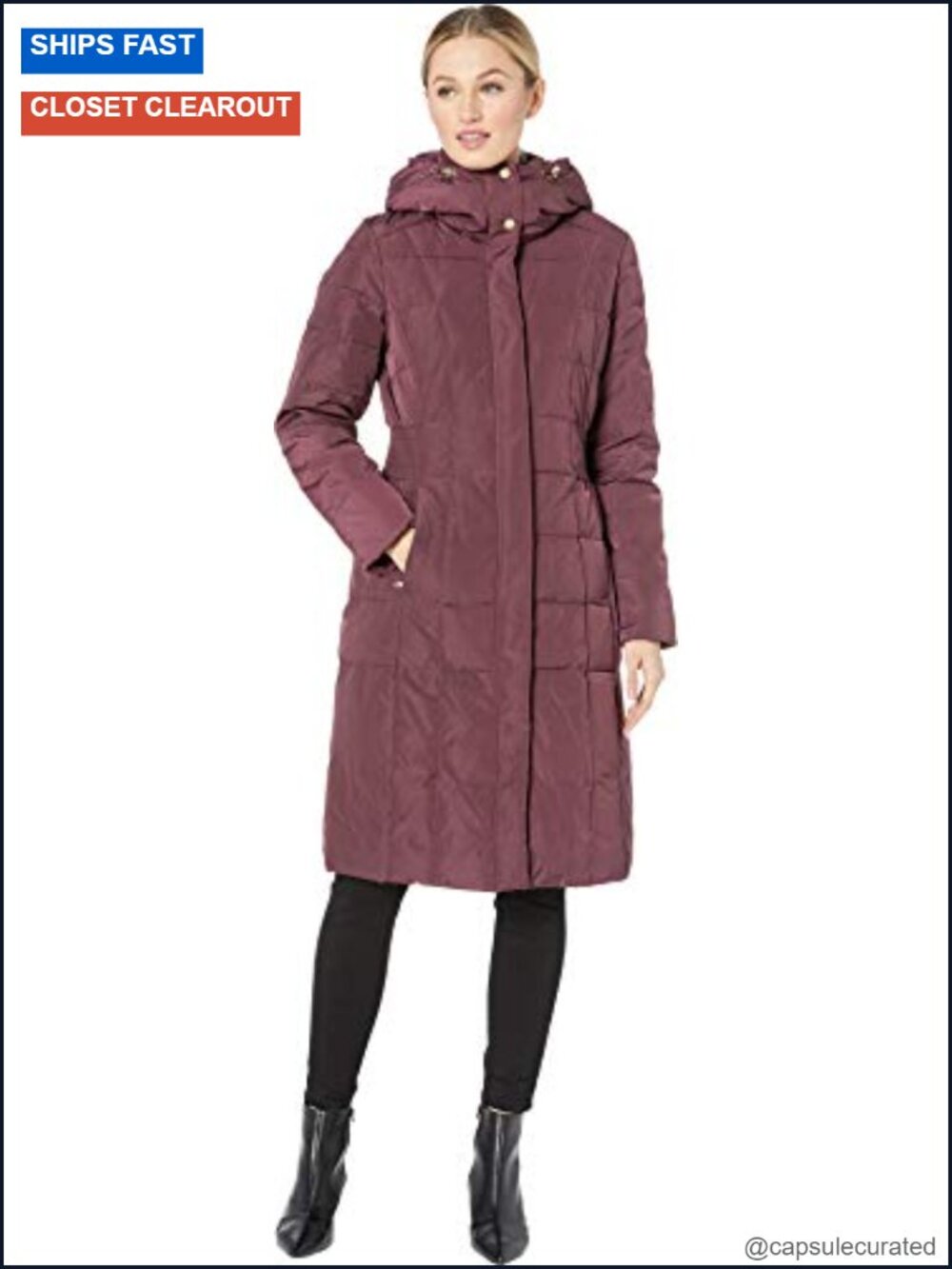 Women's Knee-Length Hooded Quilted Down Coat - Winter Puffer